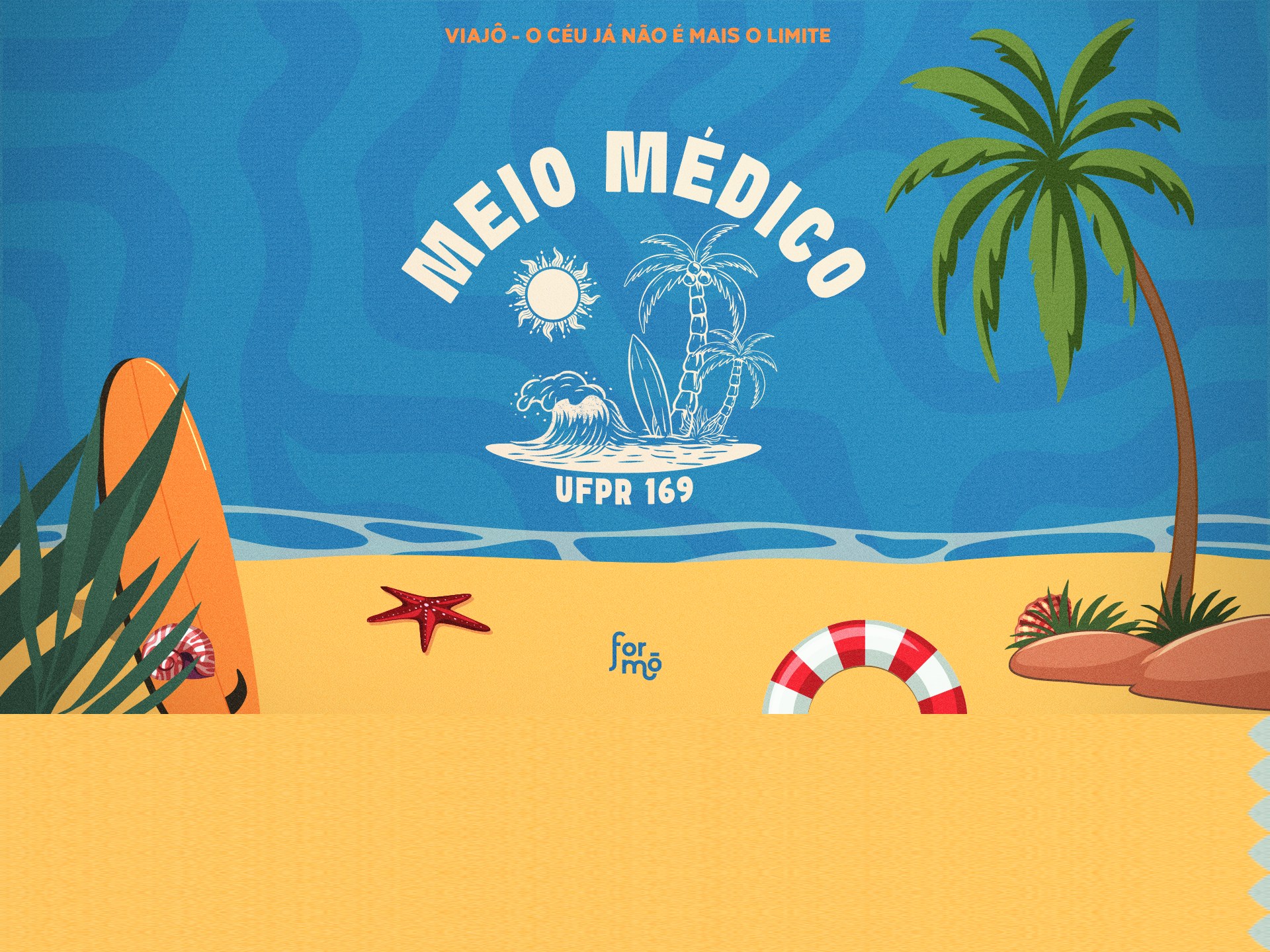 Emblema Meio Médico UFPR 169 sobre ilustração de praia com prancha, coqueiros e mar
